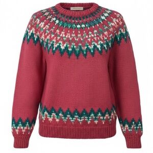 Vintage Fair Isle Patterned Sweater in Pink, White and Green, Women’s Small